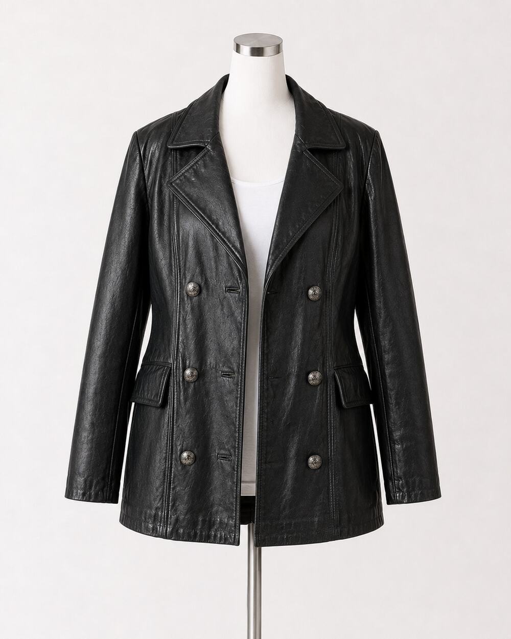 Vintage Leather Lambskin PeaCoat  Size large Mens Black Double Breasted Classic
